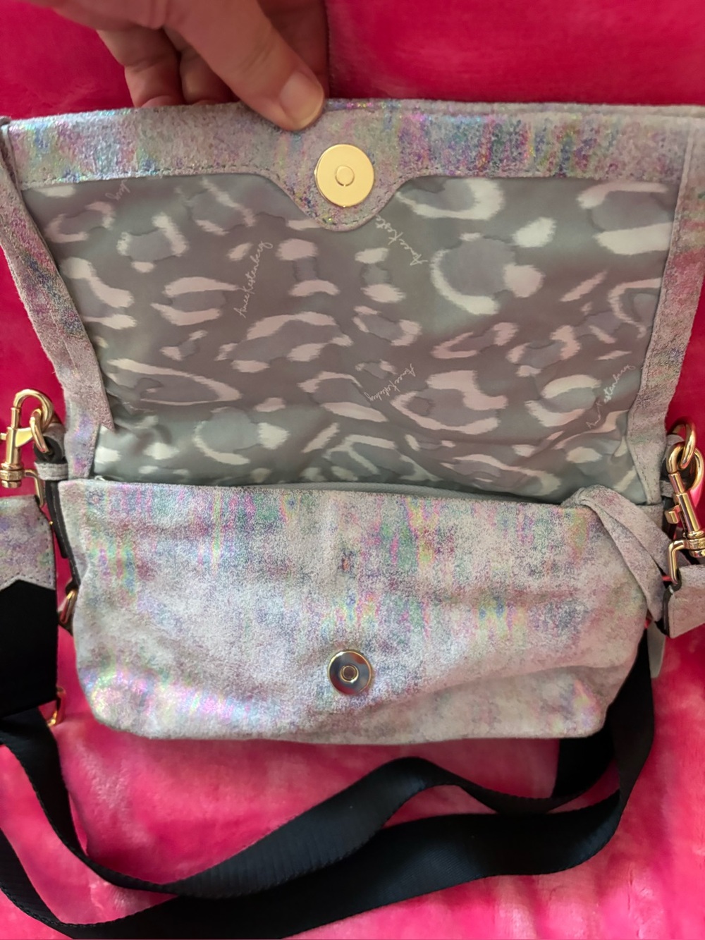 Aimee Kestenberg Iridescent Silver Crossbody with Leopard-Print Lining - Picture 6 of 9